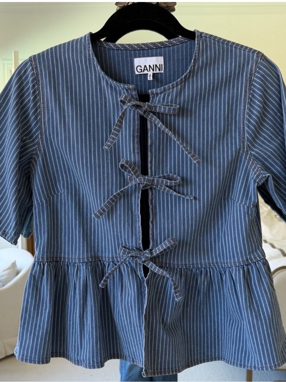 GANNI Blue White Striped Tie-Front Peplum Blouse Size 2